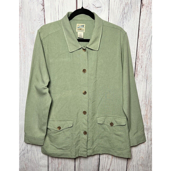 Travelsmith Women’s Lightweight Blouse Adjustable Waist Linen Blend Green PL - Picture 1 of 6